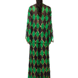 Green & Black Diamond-Print Chiffon Wide Pants With Copper Sequins