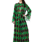Green & Black Diamond-Print Chiffon Blouse With Copper Sequins