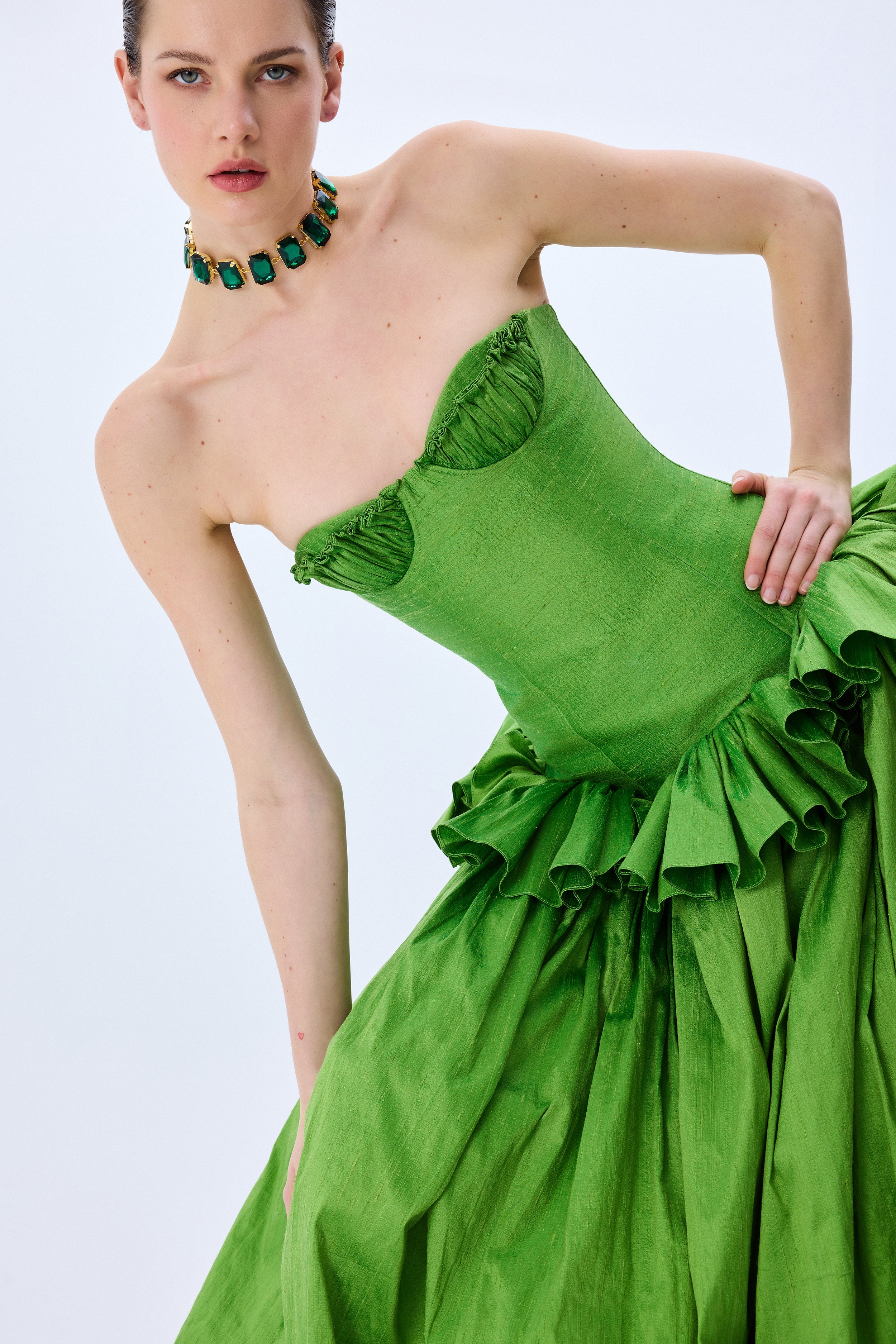 Pistachio Green Silk Shantung Corseted Ball Gown RAISA VANESSA INT Pistachio Green Silk Shantung Corseted Ball Gown RAISA VANESSA INT