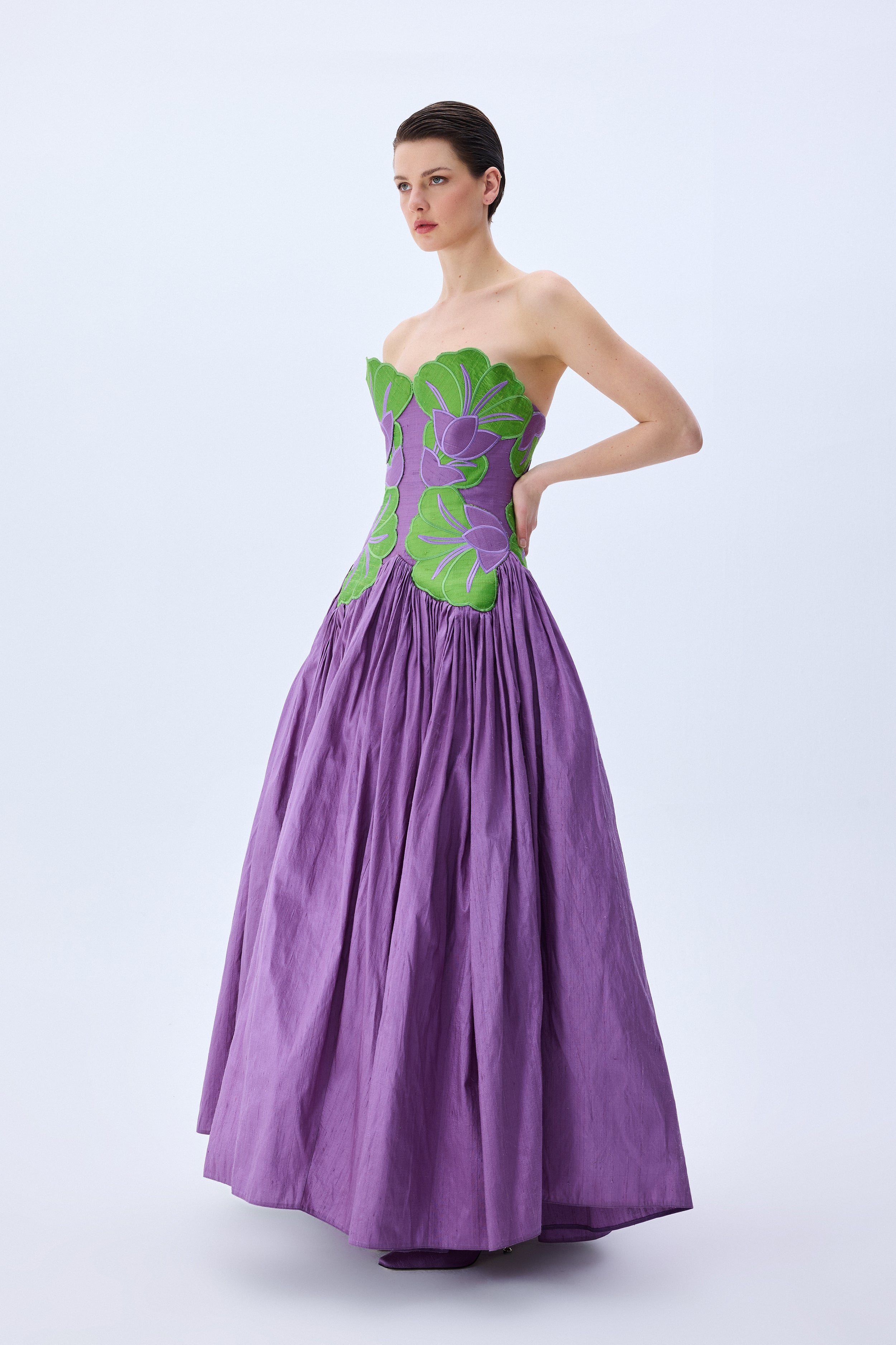 Royal Purple Silk Shantung Ball Gown With Pistachio Green Flower Embro RAISA VANESSA INT Royal Purple Silk Shantung Ball Gown With Pistachio Green Flower Embro RAISA VANESSA INT