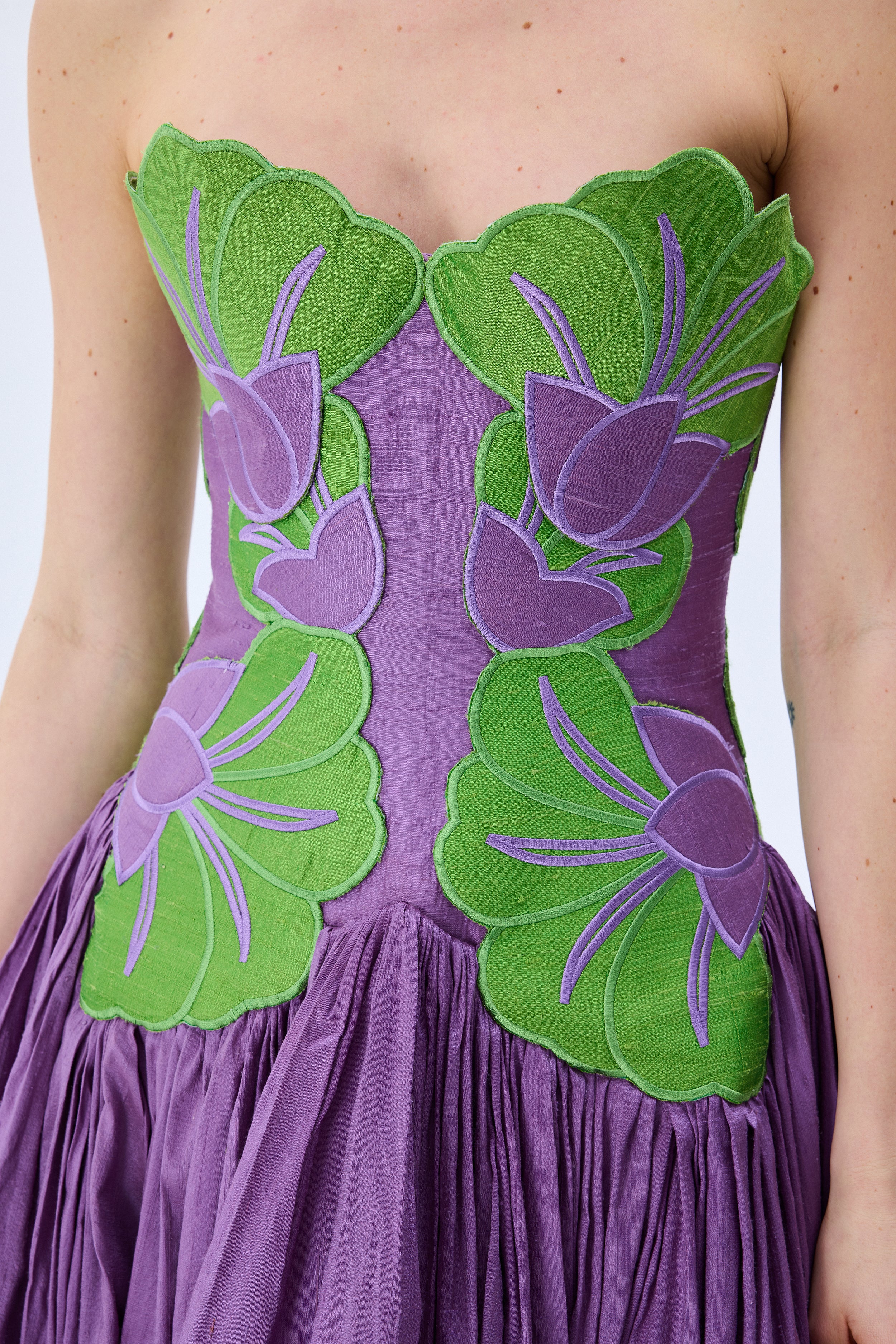 Royal Purple Silk Shantung Ball Gown With Pistachio Green Flower Embro RAISA VANESSA INT Royal Purple Silk Shantung Ball Gown With Pistachio Green Flower Embro RAISA VANESSA INT