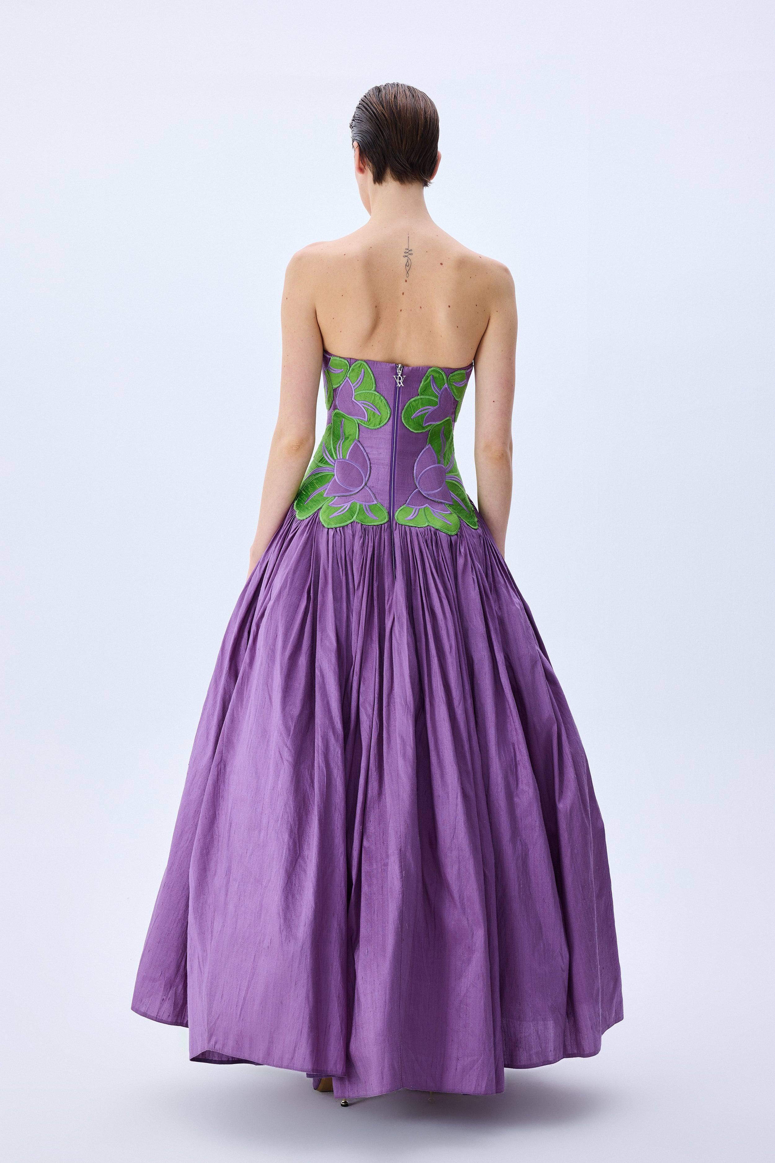 Royal Purple Silk Shantung Ball Gown With Pistachio Green Flower Embro – RAISA VANESSA INT Royal Purple Silk Shantung Ball Gown With Pistachio Green Flower Embro – RAISA VANESSA INT