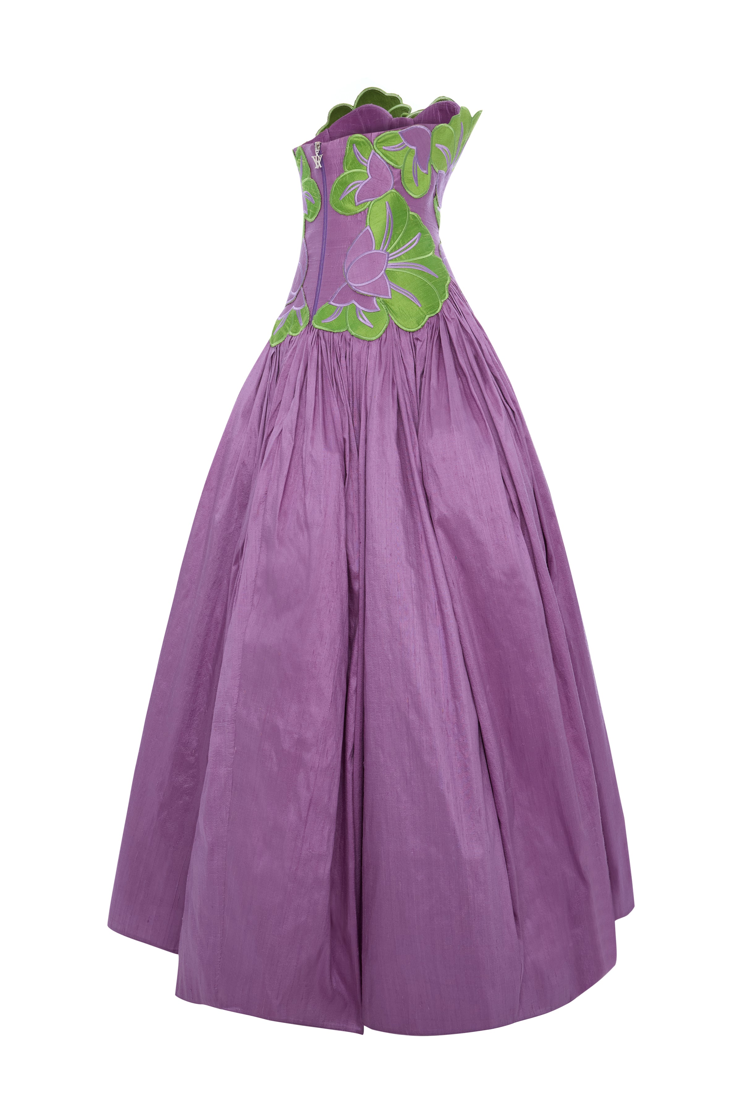 Royal Purple Silk Shantung Ball Gown With Pistachio Green Flower Embro – RAISA VANESSA INT Royal Purple Silk Shantung Ball Gown With Pistachio Green Flower Embro – RAISA VANESSA INT