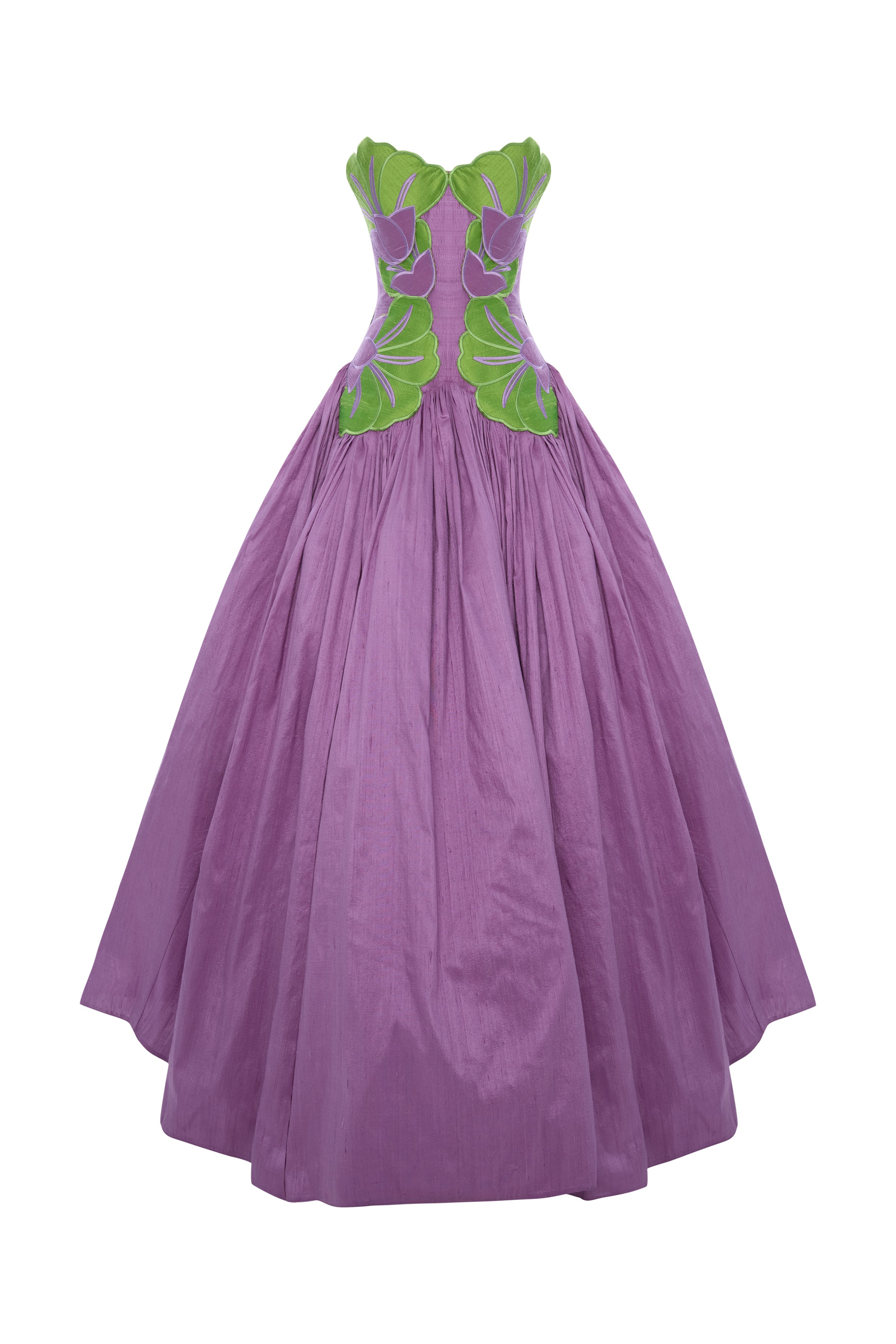 green purple dress Royal Purple Silk Shantung Ball Gown With Pistachio Green Flower Embro – RAISA VANESSA INT