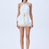 White Floral Jacquard Halter Mini Dress With Crystal Borders, Bow And Cross Back