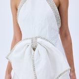 White Floral Jacquard Halter Mini Dress With Crystal Borders, Bow And Cross Back
