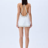 White Floral Jacquard Halter Mini Dress With Crystal Borders, Bow And Cross Back