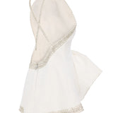 White Floral Jacquard Halter Mini Dress With Crystal Borders, Bow And Cross Back