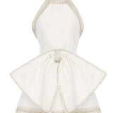 White Floral Jacquard Halter Mini Dress With Crystal Borders, Bow And Cross Back