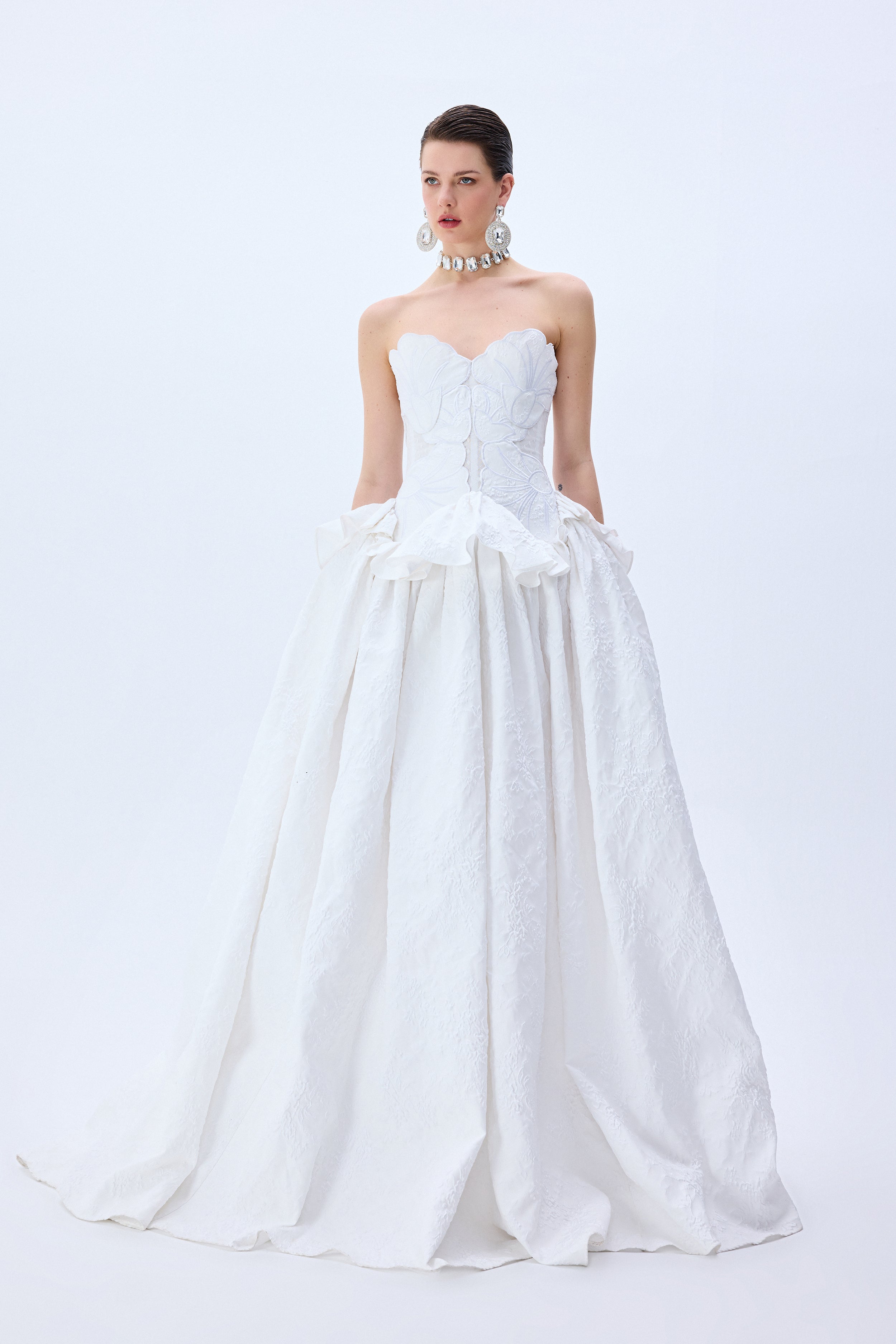 White Floral Jacquard Ball Gown With Flower Embroidery Bustline RAISA VANESSA INT White Floral Jacquard Ball Gown With Flower Embroidery Bustline RAISA VANESSA INT