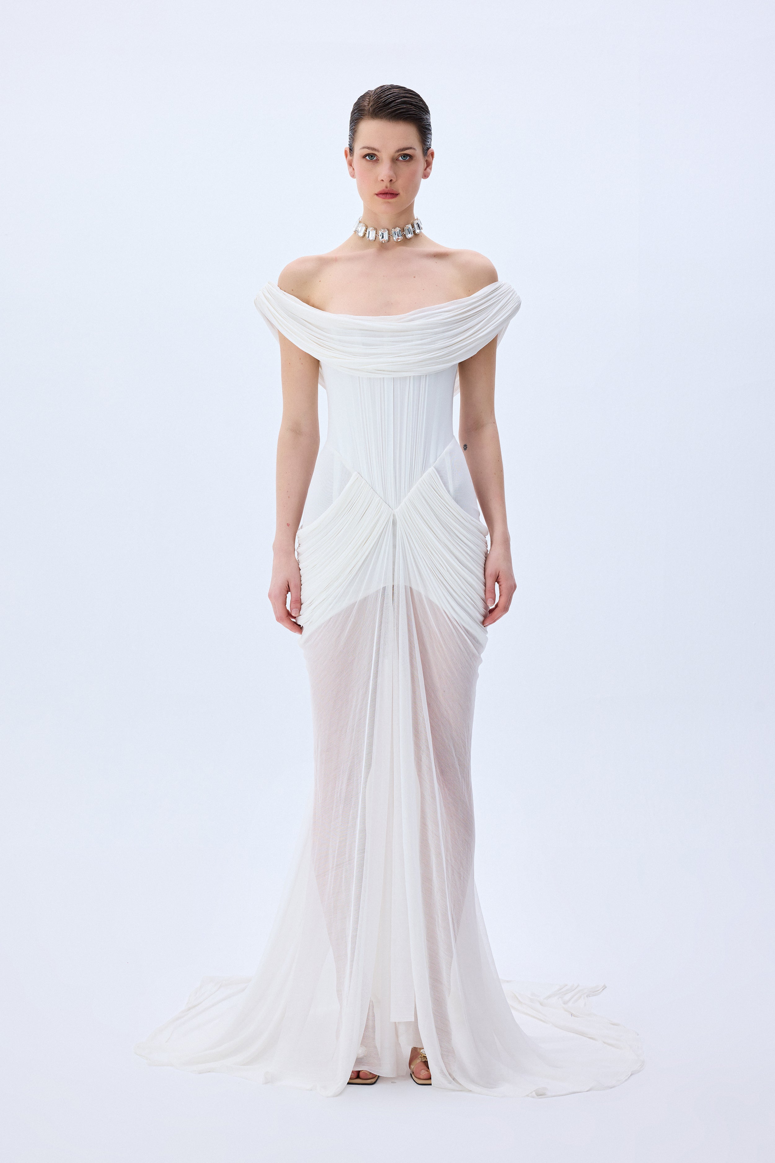 Silk Tulle Cowl Neckline Structural Dress With Draped Hips – RAISA VANESSA INT