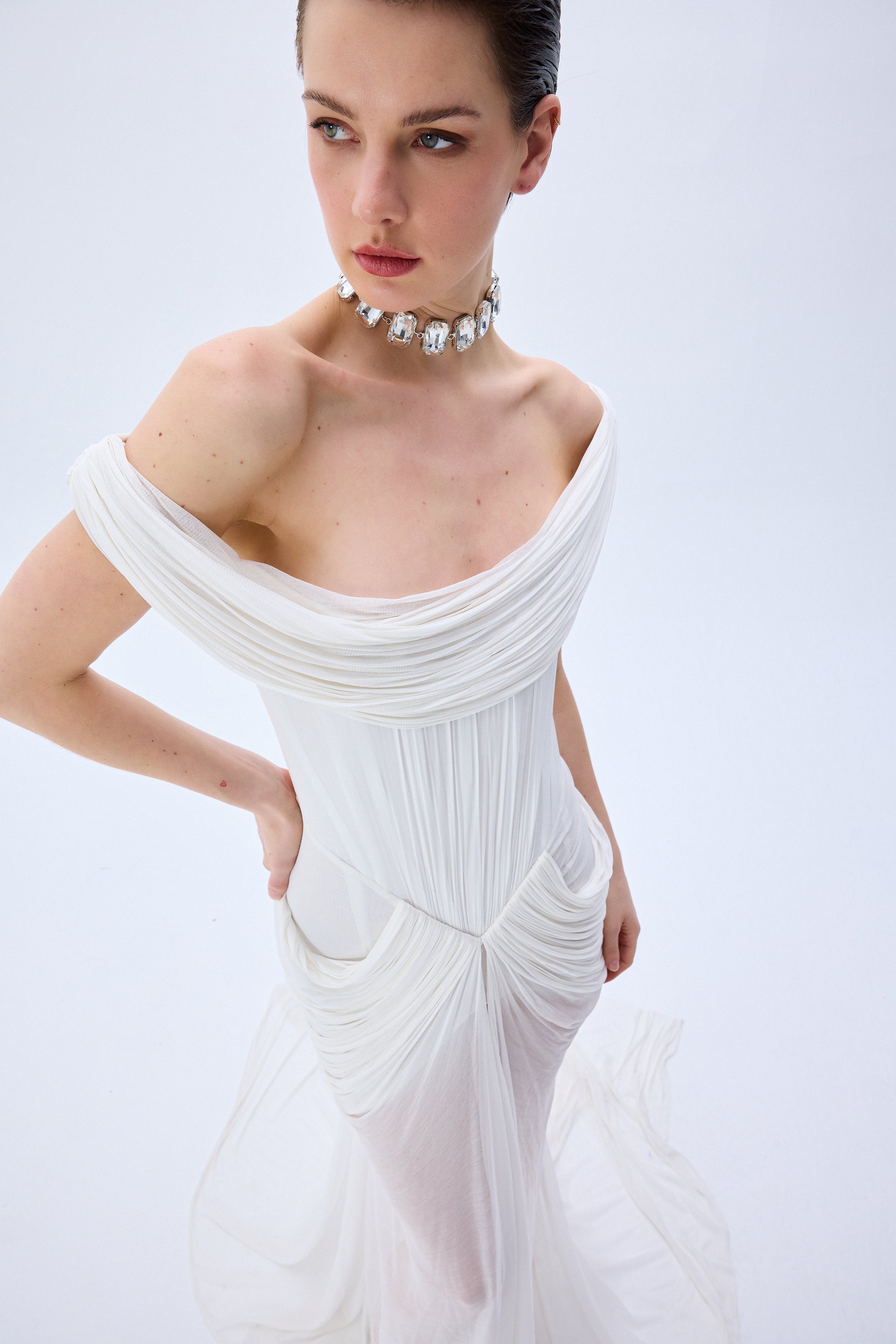 Silk Tulle Cowl Neckline Structural Dress With Draped Hips – RAISA VANESSA INT Silk Tulle Cowl Neckline Structural Dress With Draped Hips – RAISA VANESSA INT