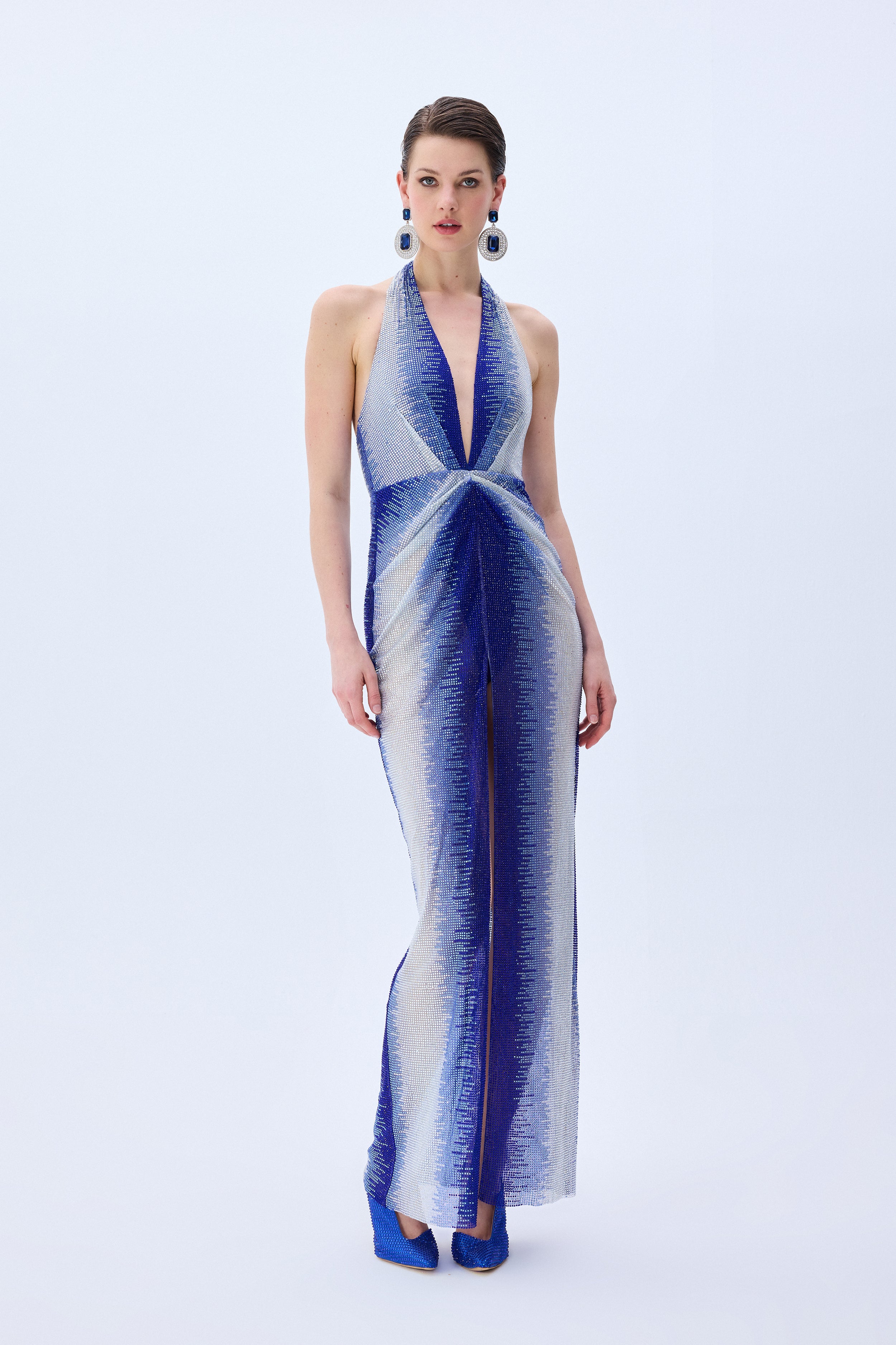 White And Blue Gradient Tulle V-Neck Midi Dress With Stick Stones And Slit