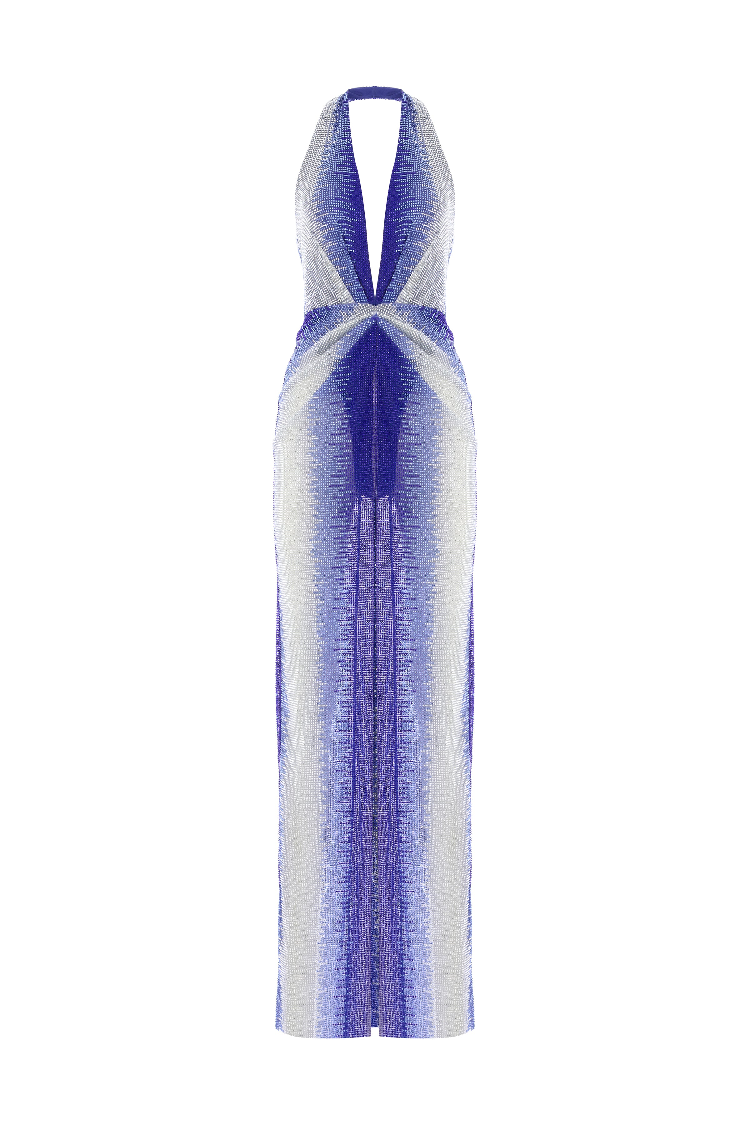 White And Blue Gradient Tulle V-Neck Midi Dress With Stick Stones And RAISA VANESSA INT White And Blue Gradient Tulle V-Neck Midi Dress With Stick Stones And RAISA VANESSA INT