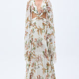 Pleated Chiffon Flower Printed Maxi Dress With Rock Shaped Swarovski Stoned Accessory Detail