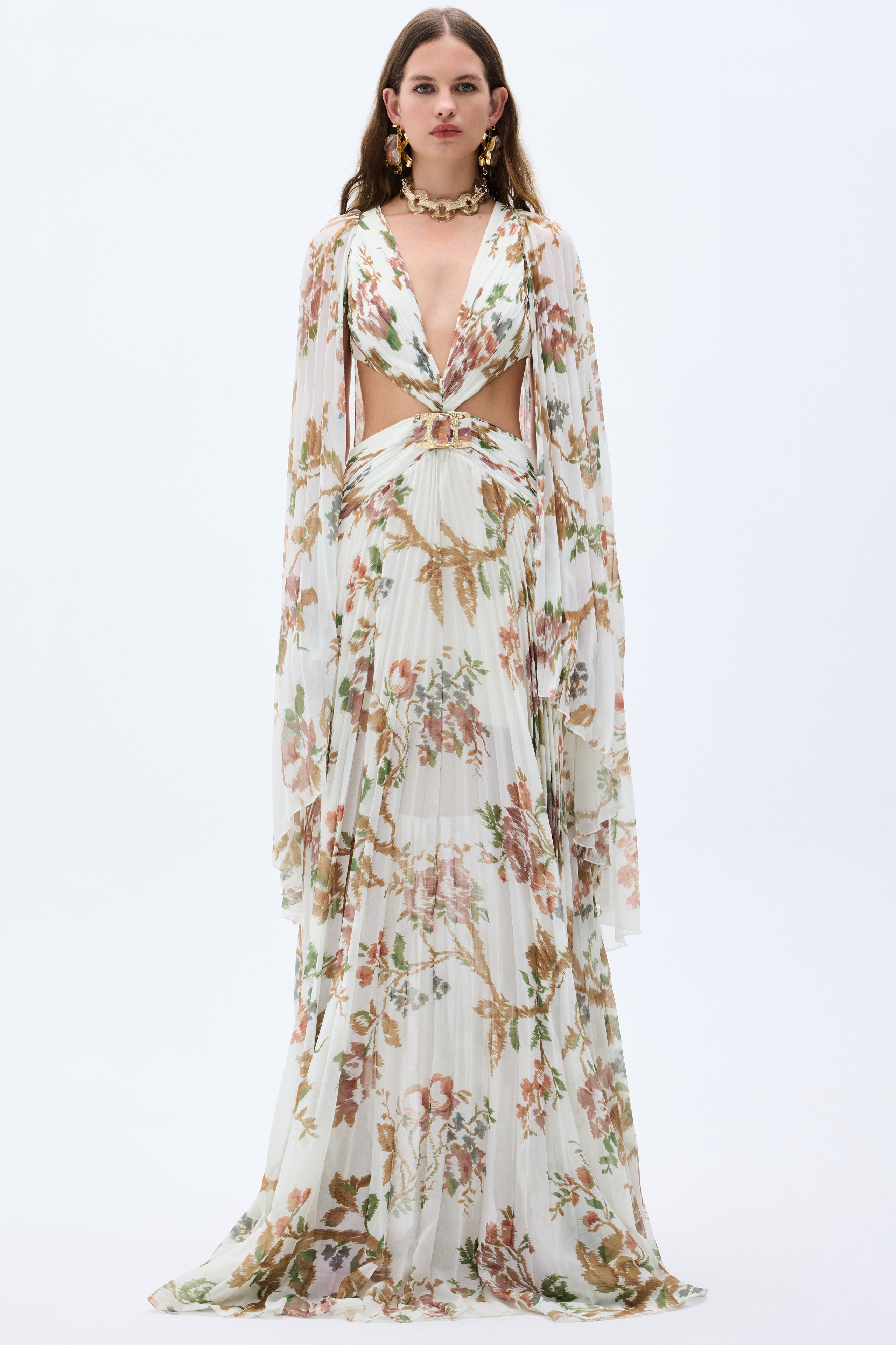 Pleated Chiffon Flower Printed Maxi Dress With Rock Shaped Swarovski S RAISA VANESSA INT Pleated Chiffon Flower Printed Maxi Dress With Rock Shaped Swarovski S RAISA VANESSA INT