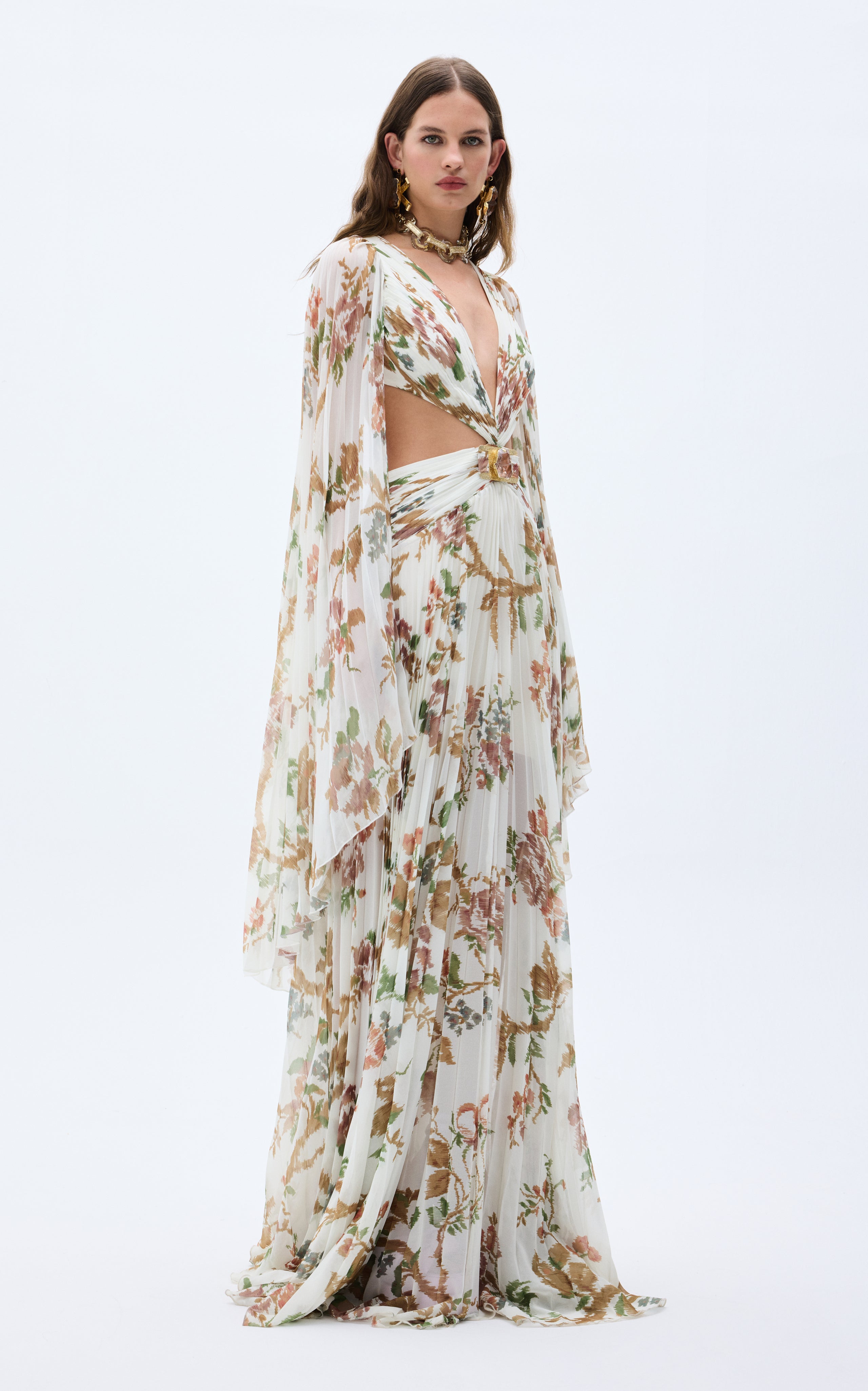 Pleated Chiffon Flower Printed Maxi Dress With Rock Shaped