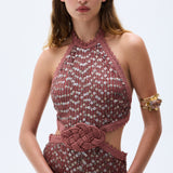 Pale Brick Sequined Chiffon Mini Dress With Stone Embellishments & Handmade Belt Detail