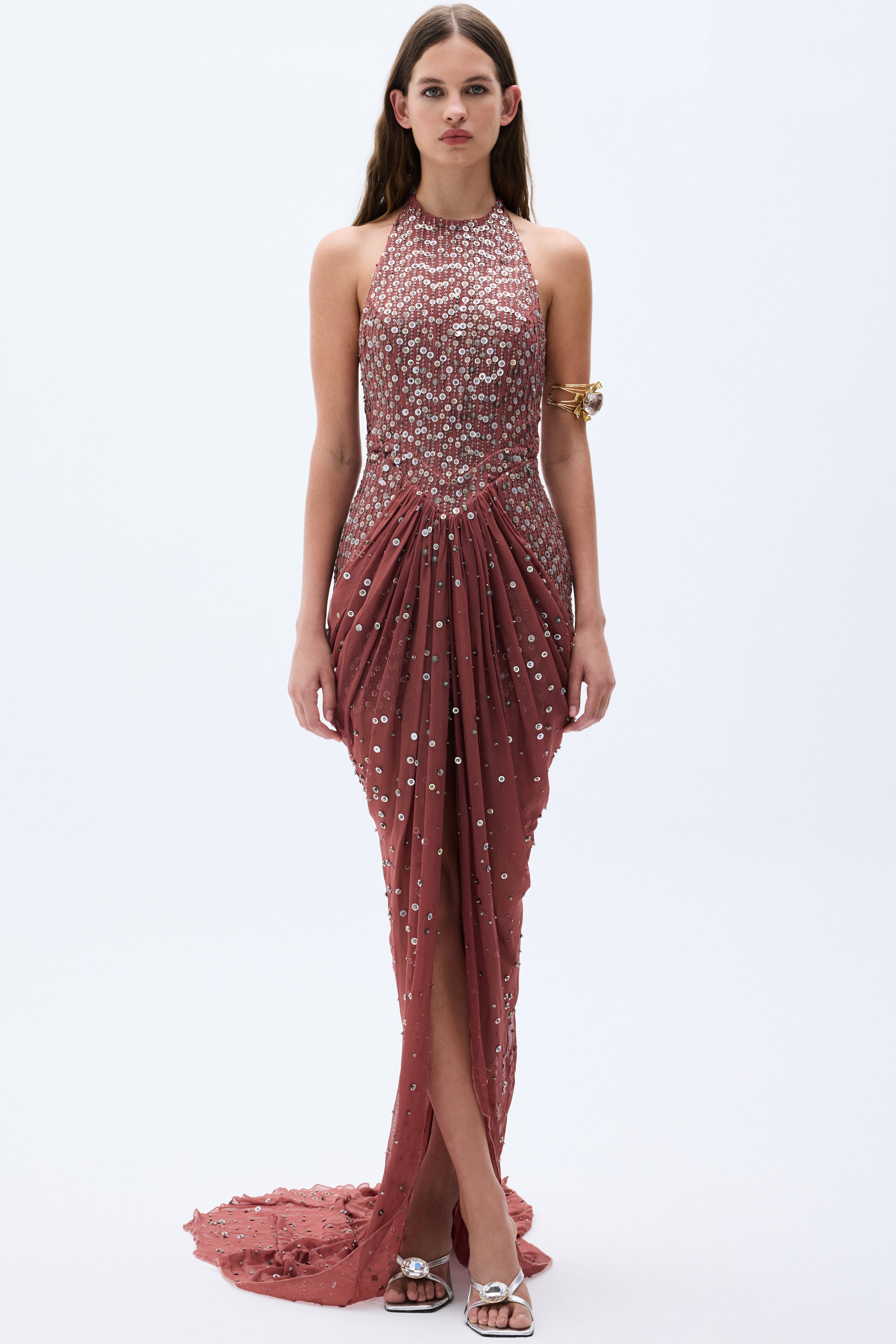 beautiful chiffon sequin dress Plunged Neckline Sequin and Chiffon Dress NXMF101 smcfashion.com