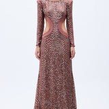 Pale Brick Sequined Chiffon Backless Maxi Dress With Stone Embellishments & Cutout Details