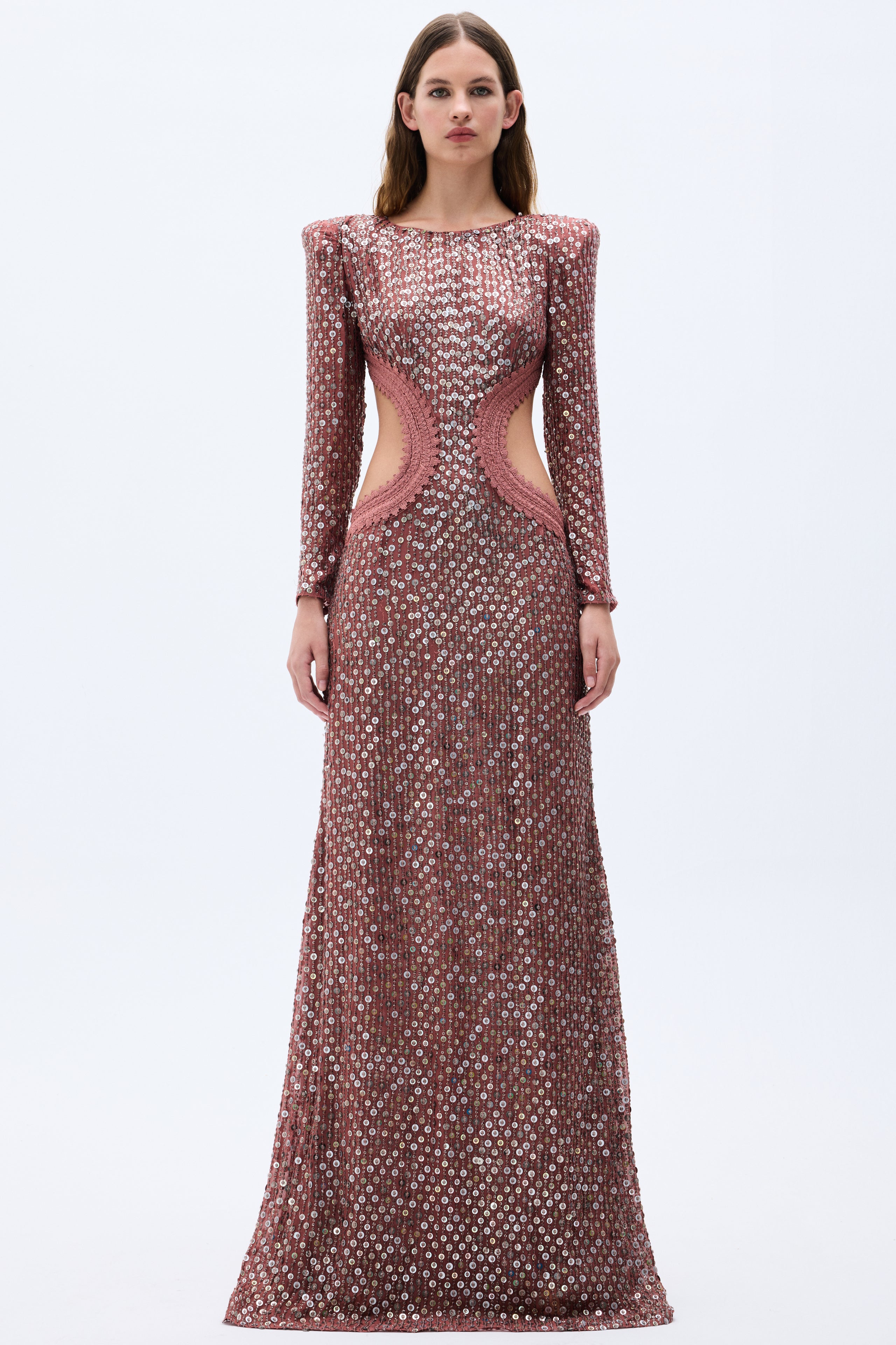 Pale Brick Sequined Chiffon Backless Maxi Dress With Stone Embellishme RAISA VANESSA INT Pale Brick Sequined Chiffon Backless Maxi Dress With Stone Embellishme RAISA VANESSA INT