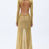 Glittered Gold Knit Gown With Handmade Belt Detail