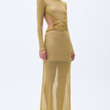 Glittered Gold Knit Gown With Handmade Belt Detail