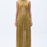 Gold Flower Embroidered Crystal Detailed Fringed Gown