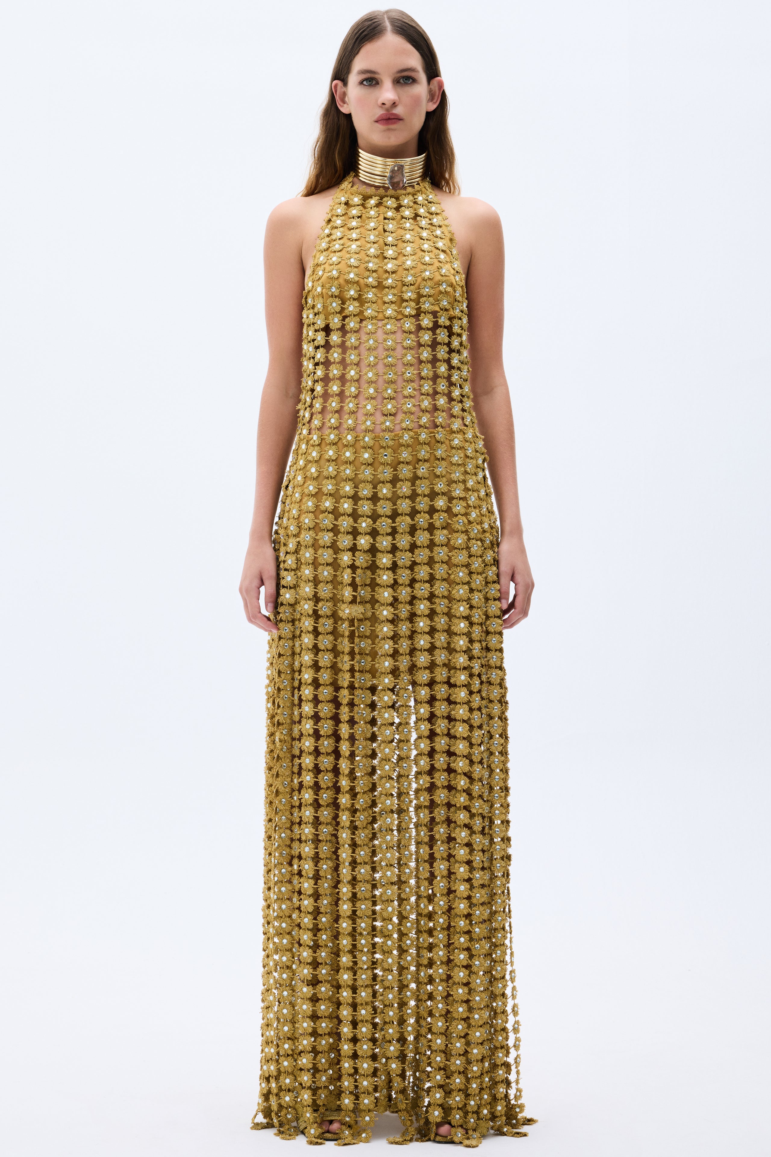 Gold Flower Embroidered Crystal Detailed Fringed Gown RAISA VANESSA INT Gold Flower Embroidered Crystal Detailed Fringed Gown RAISA VANESSA INT