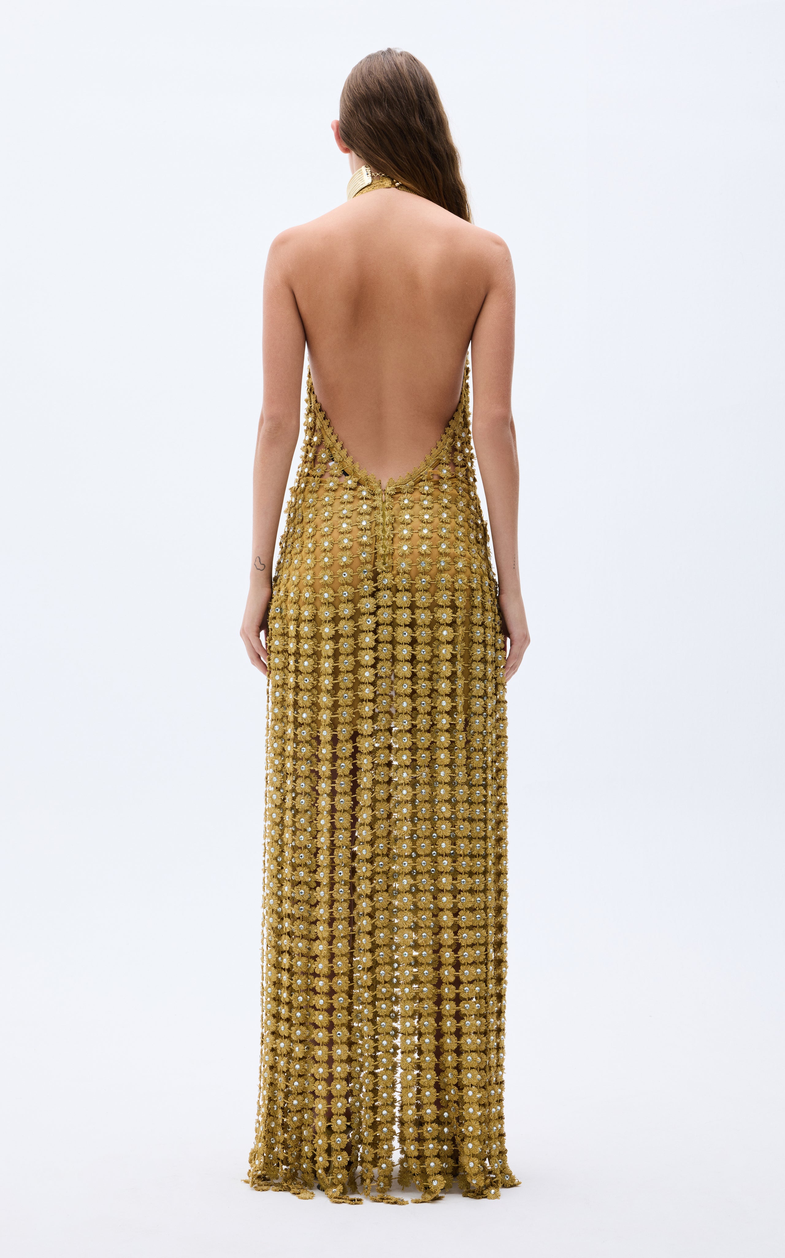 Gold Flower Embroidered Crystal Detailed Fringed Gown RAISA VANESSA INT Gold Flower Embroidered Crystal Detailed Fringed Gown RAISA VANESSA INT