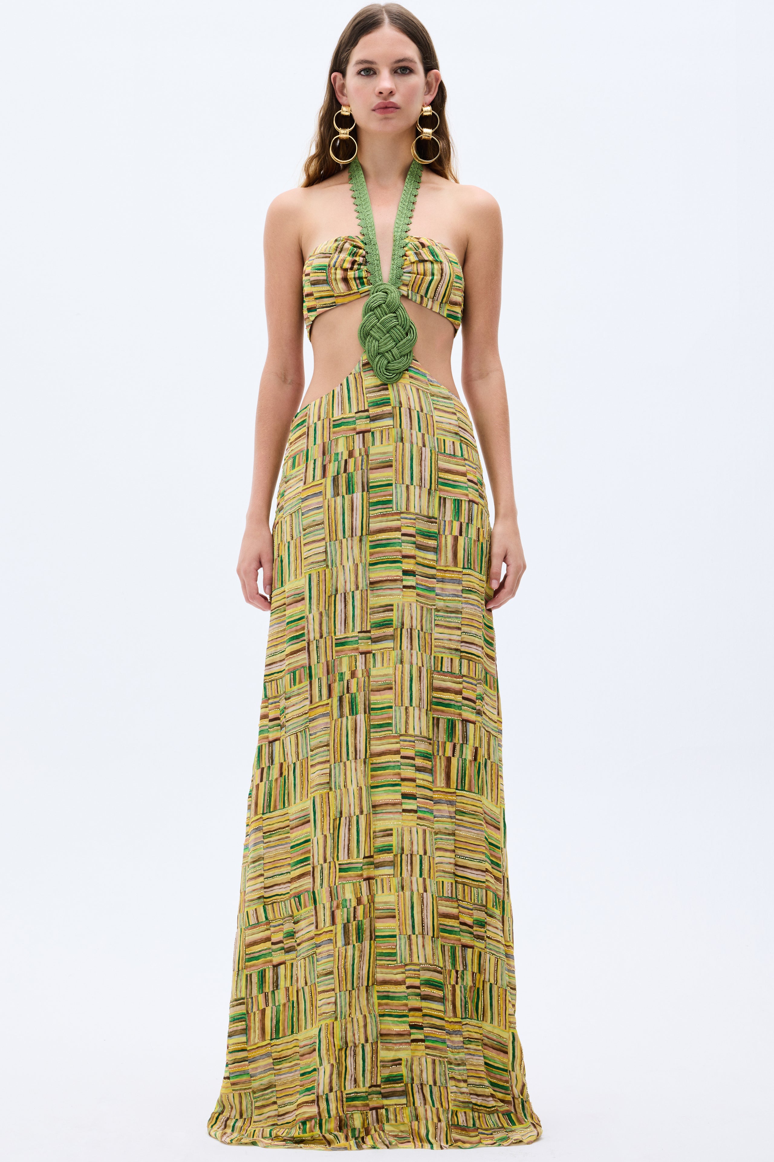 Gold Beaded Printed Chiffon Dress With Handmade Belt & Cut Out Detail RAISA VANESSA INT Gold Beaded Printed Chiffon Dress With Handmade Belt & Cut Out Detail RAISA VANESSA INT