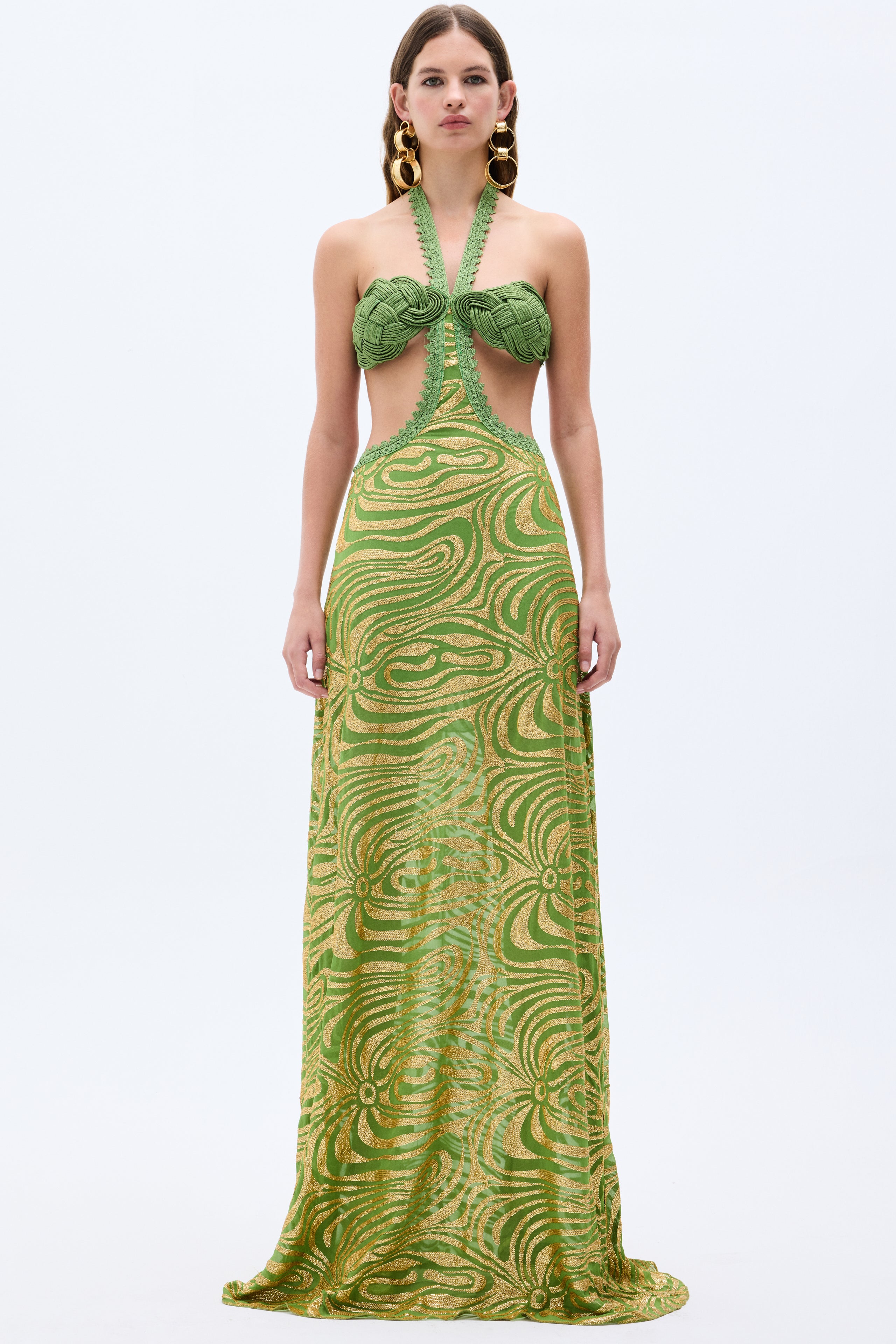 Gold Sequined Pistachio Green Chiffon Maxi Dress With Handmade Rope De RAISA VANESSA INT Gold Sequined Pistachio Green Chiffon Maxi Dress With Handmade Rope De RAISA VANESSA INT