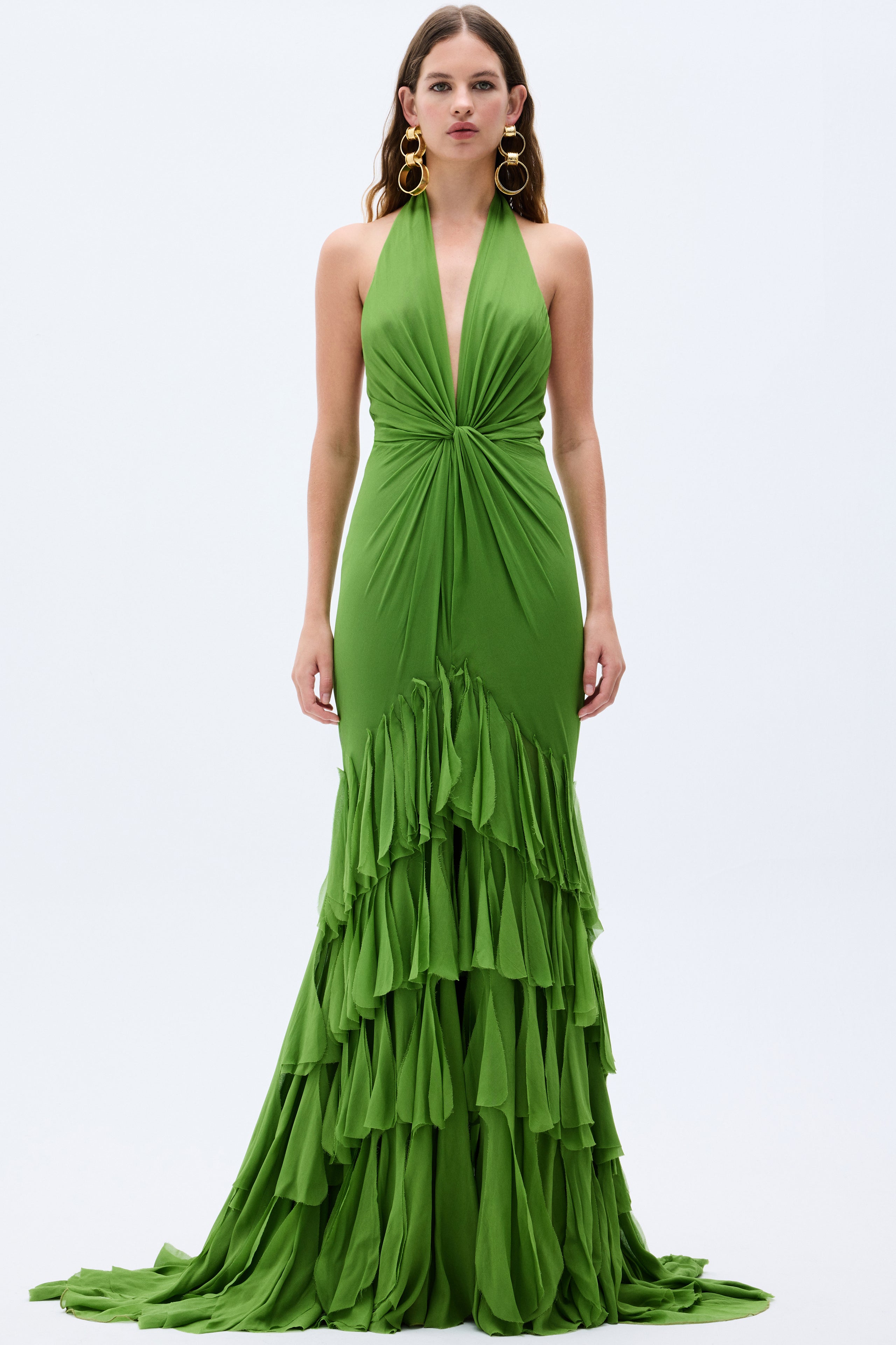 Pistachio Green Chiffon Laser Cut Frilled Gown With Slit In The Front RAISA VANESSA INT Pistachio Green Chiffon Laser Cut Frilled Gown With Slit In The Front RAISA VANESSA INT
