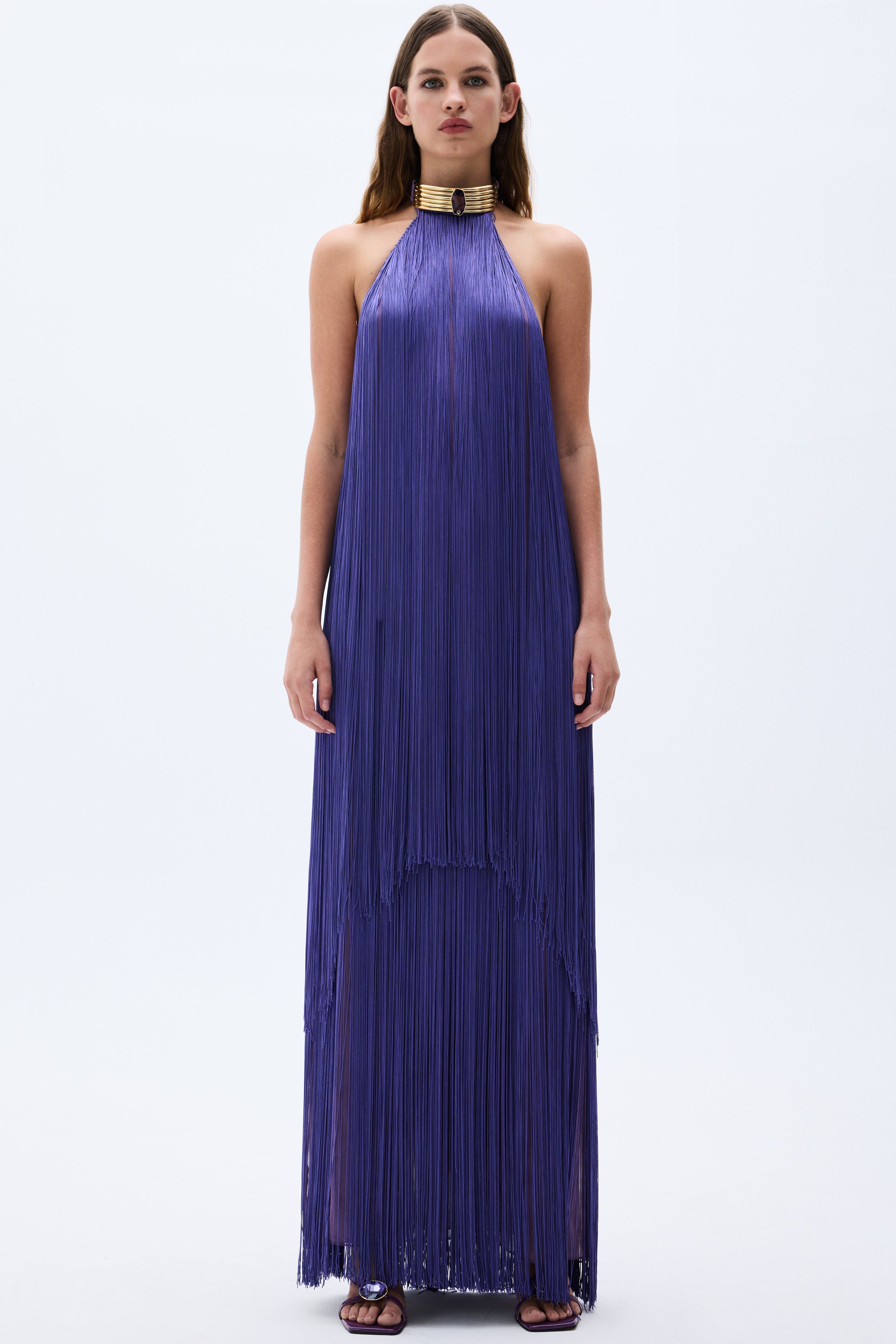 Fringed Maxi Dress With Swarovski Stoned Gold Necklace Detail RAISA VANESSA INT Fringed Maxi Dress With Swarovski Stoned Gold Necklace Detail RAISA VANESSA INT