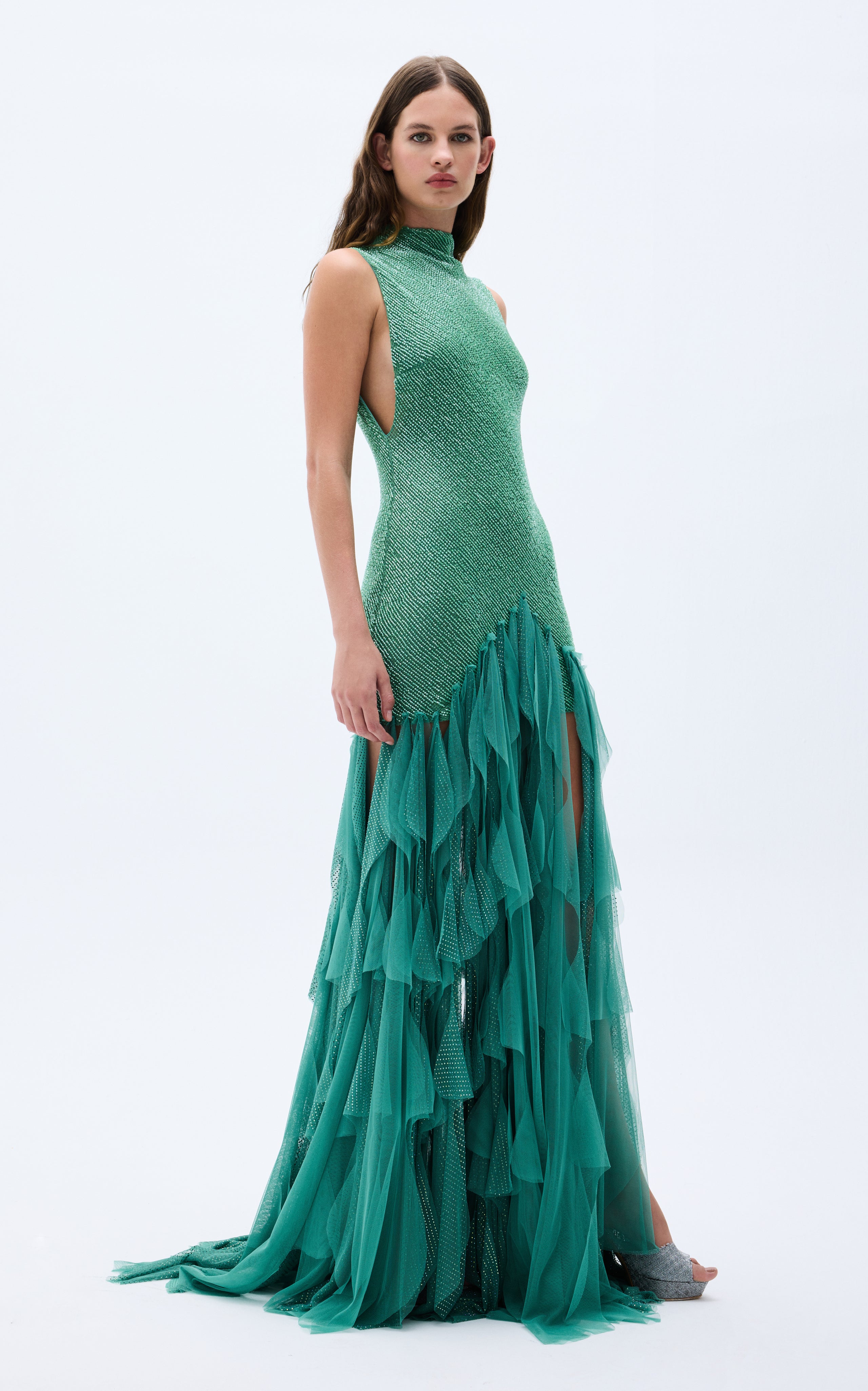 Green Sequined Net Gown With Stone Embellished Laser Cut Fringes RAISA VANESSA INT Green Sequined Net Gown With Stone Embellished Laser Cut Fringes RAISA VANESSA INT
