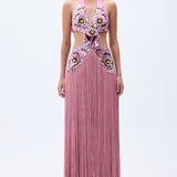 Flower Embdoridery Detailed Maxi Gown With Silk Fringes