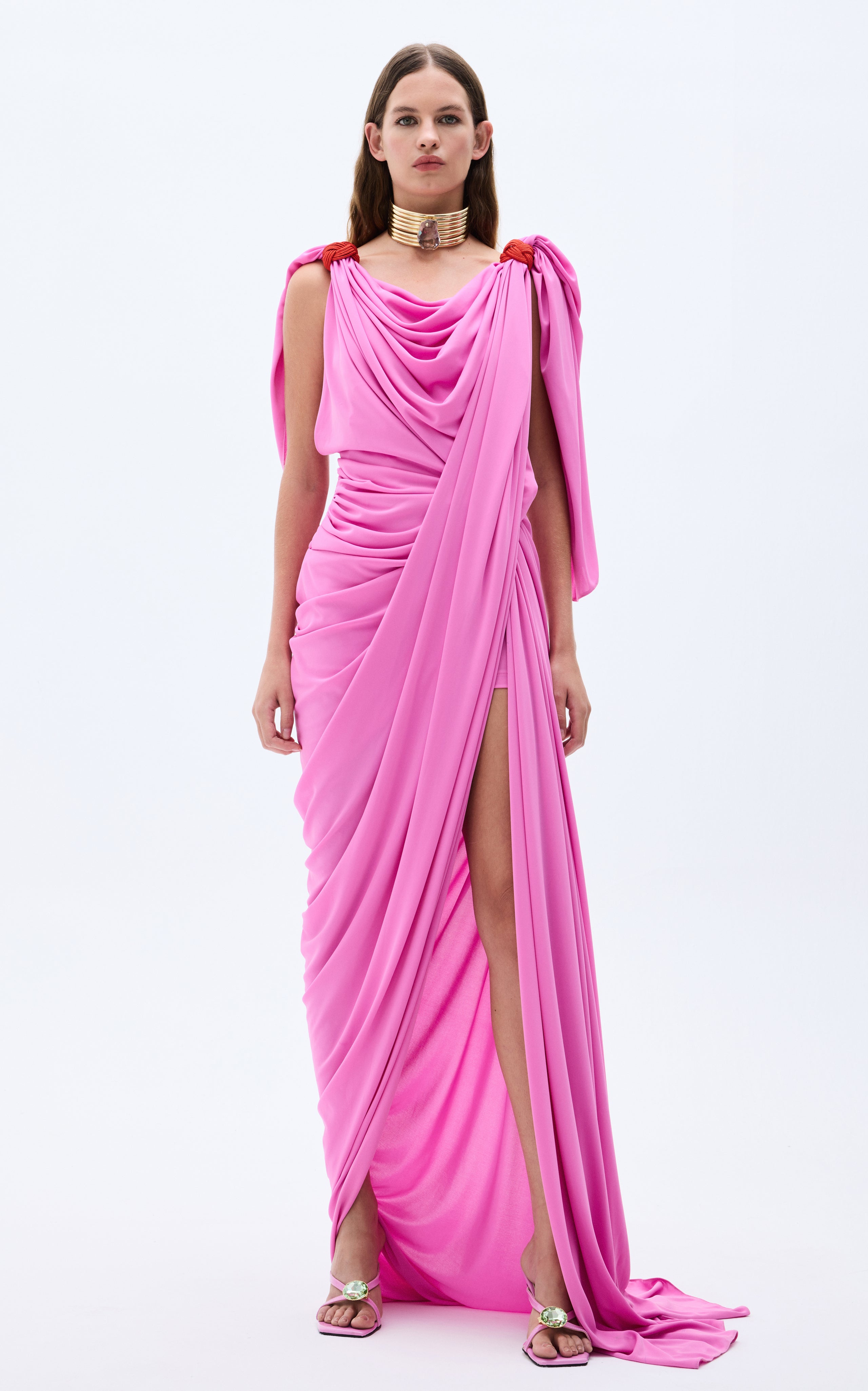 Pink Maxi Dress With Slit & Red Rope Detail On Shoulders – RAISA ...