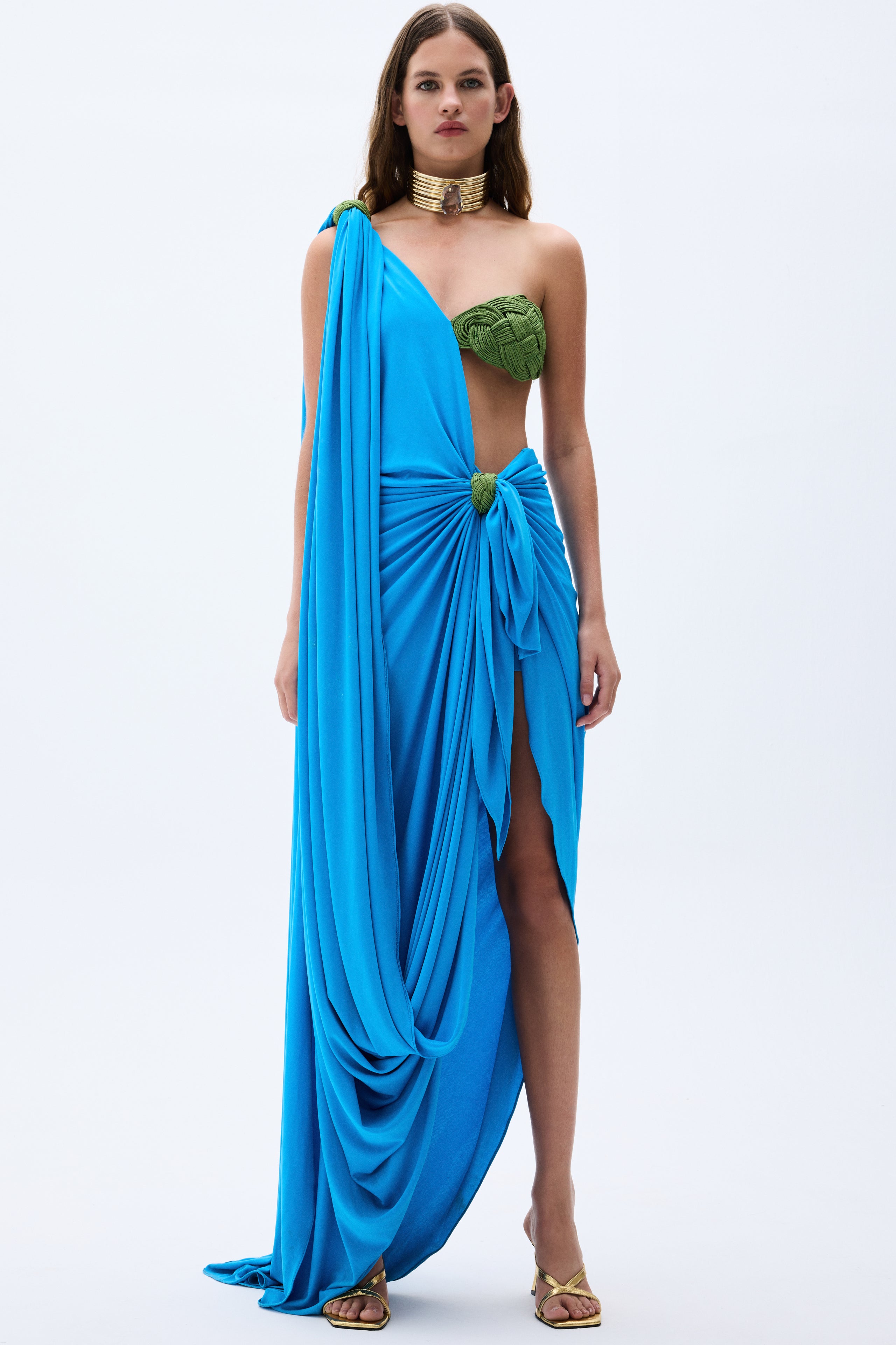 One Shouldered Blue Maxi Dress With Handmade Rope Detailed Bra RAISA VANESSA INT One Shouldered Blue Maxi Dress With Handmade Rope Detailed Bra RAISA VANESSA INT