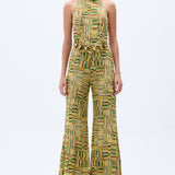 Gold Beaded Printed Chiffon Jumpsuit With Chain Belt