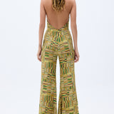 Gold Beaded Printed Chiffon Jumpsuit With Chain Belt