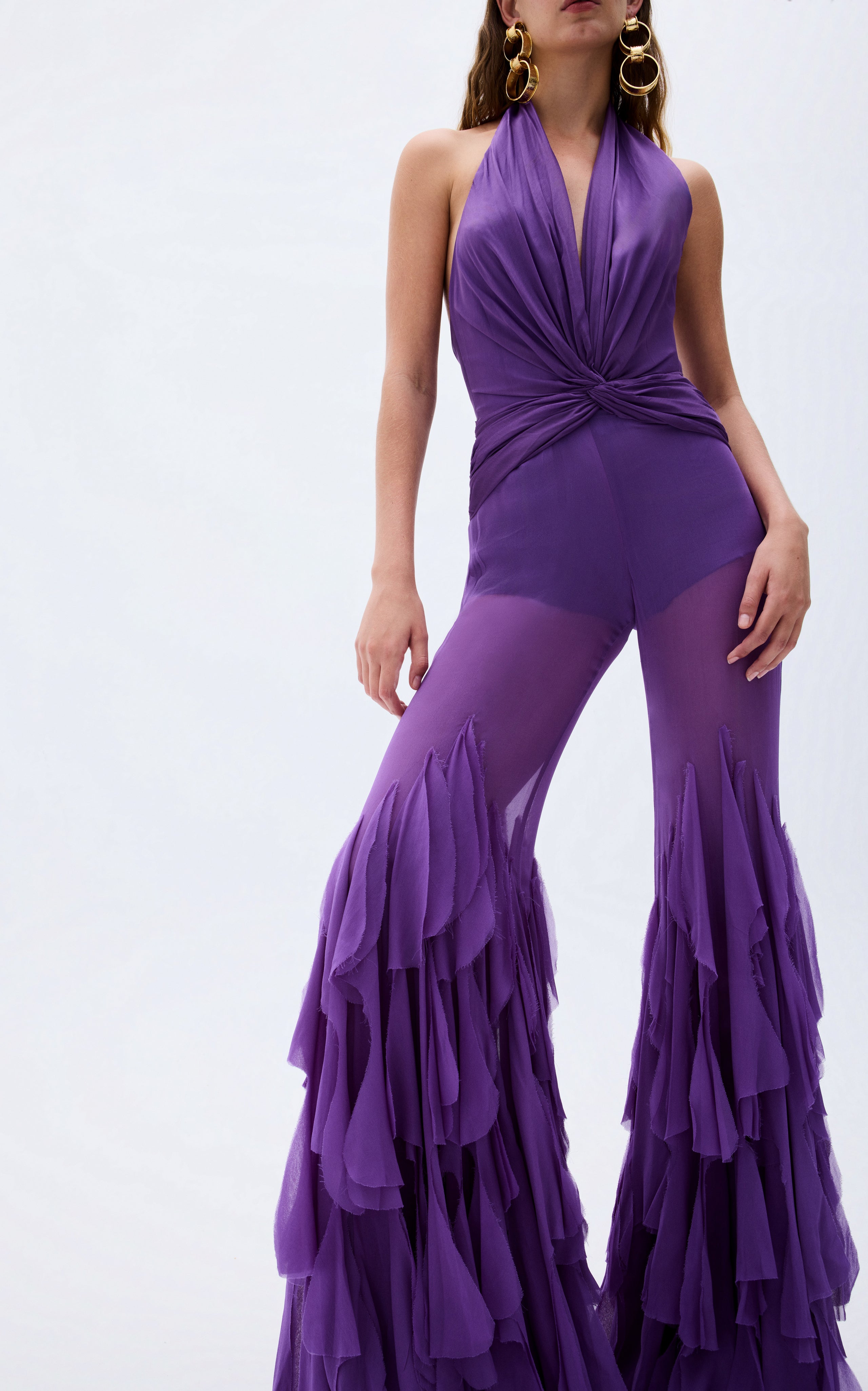 Purple Chiffon Jumpsuit With Laser Cut Frilled Cuffs – RAISA