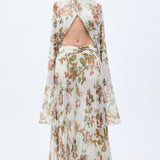 Pleated Chiffon Flower Printed Top With Flare Sleeves