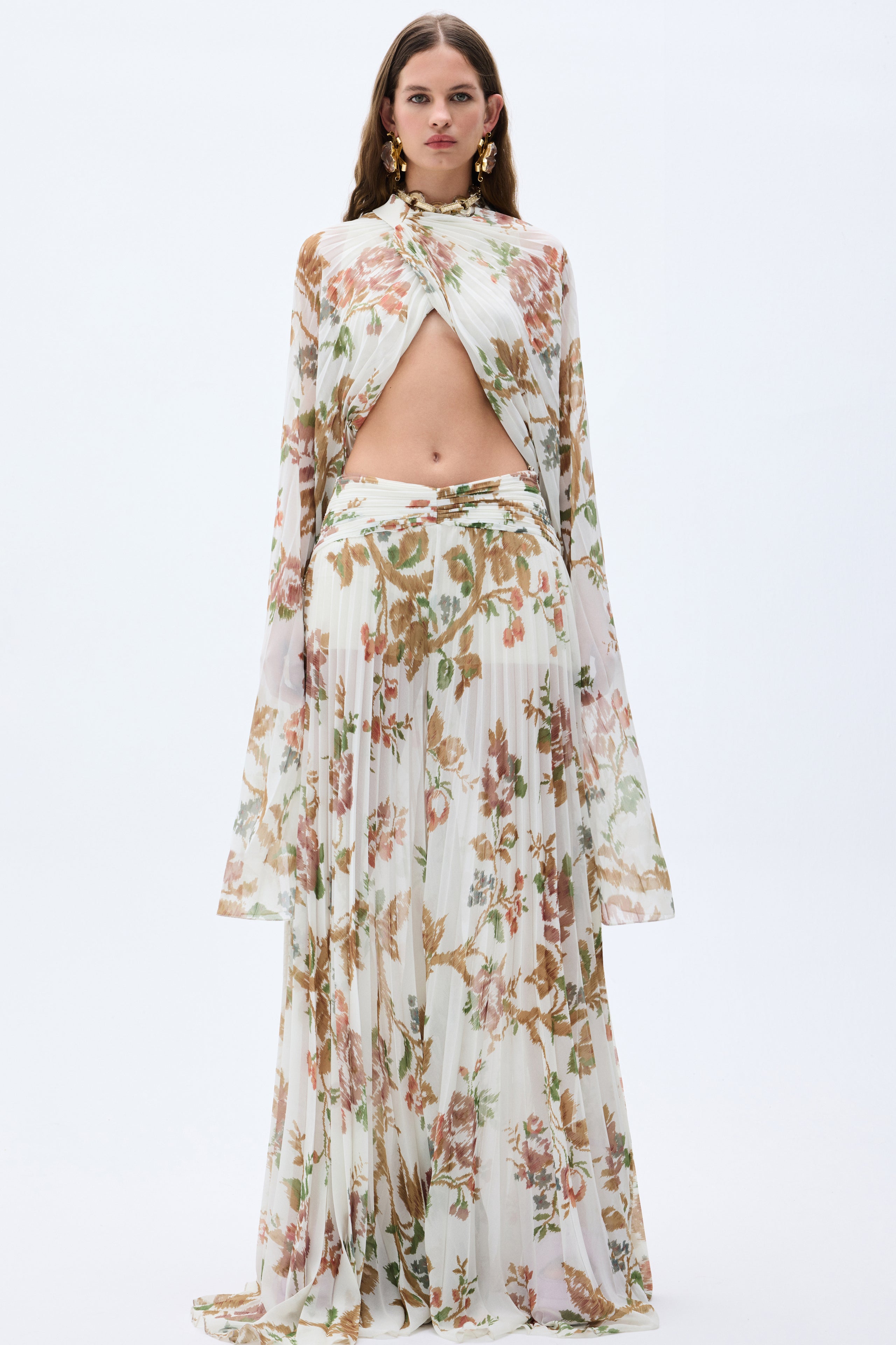 Pleated Chiffon Flower Printed Top With Flare Sleeves RAISA VANESSA INT Pleated Chiffon Flower Printed Top With Flare Sleeves RAISA VANESSA INT