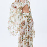 Pleated Chiffon Flower Printed Top With Flare Sleeves