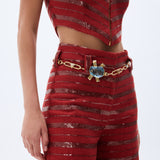 Brick Linen Corset Top With Sequined Stripes