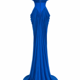 Indigo Tulle Cowl Neckline Structural Dress With Draped Hips