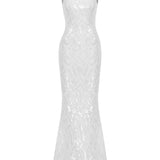 White Turtle Neck Maxi Dress With Patterned Sequin Details And Open Back