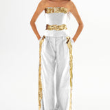 White Linen Wide Leg Pants With Gold Wavy Sequin