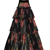 Velvet and Floral Printed Strapless Layered Maxi Dress