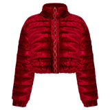 Red Velvet Puff Coat with Crystal Detail